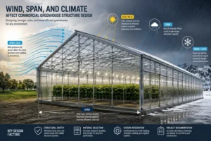 commercial greenhouse structure design showing wind load, span, and climate factors
