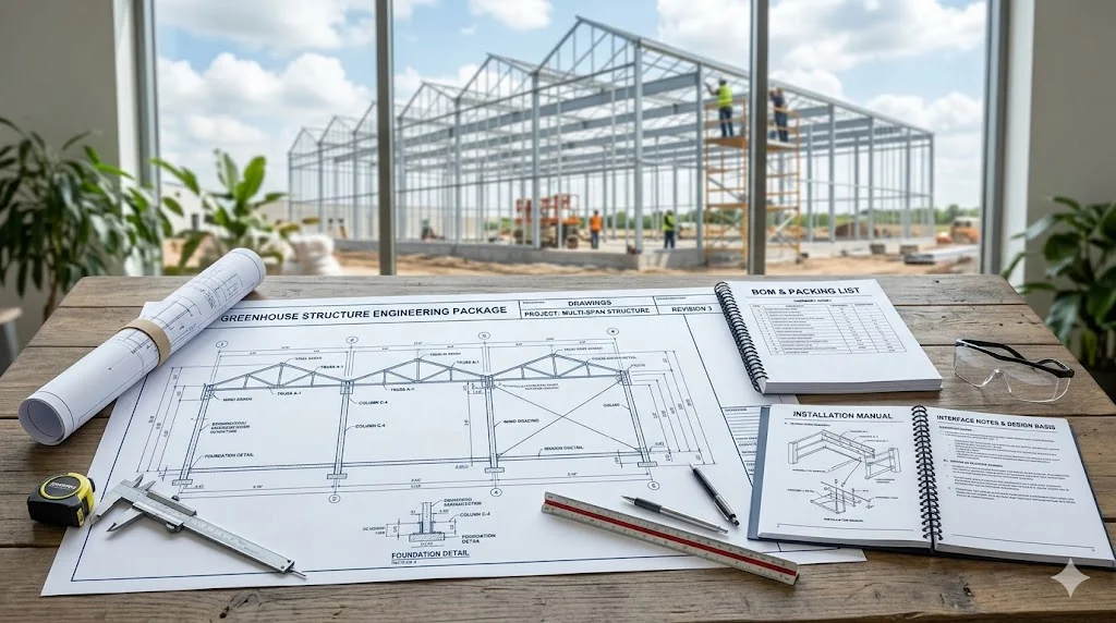 Commercial greenhouse structure engineering package with drawings, BOM, packing list, and installation manual