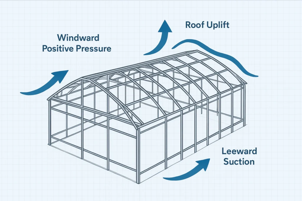 commercial greenhouse structure design showing wind load, roof uplift, and lateral pressure