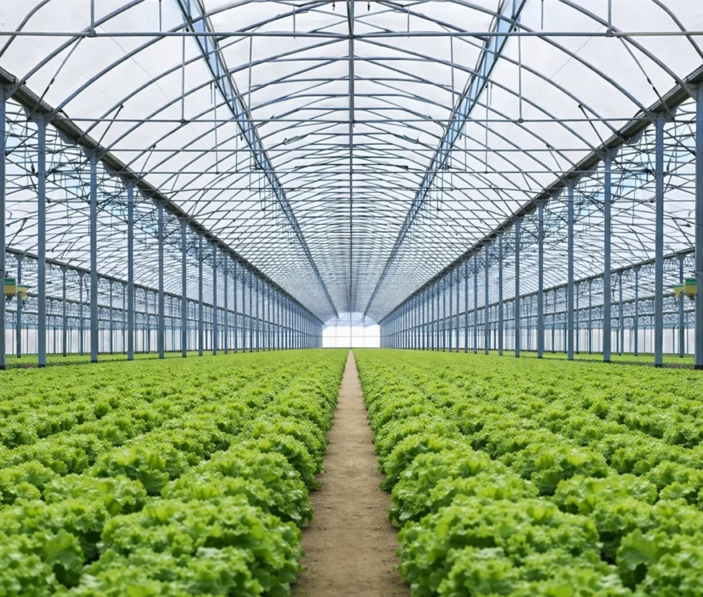 Interior of a commercial multi-span greenhouse with galvanized steel structurestructure interior