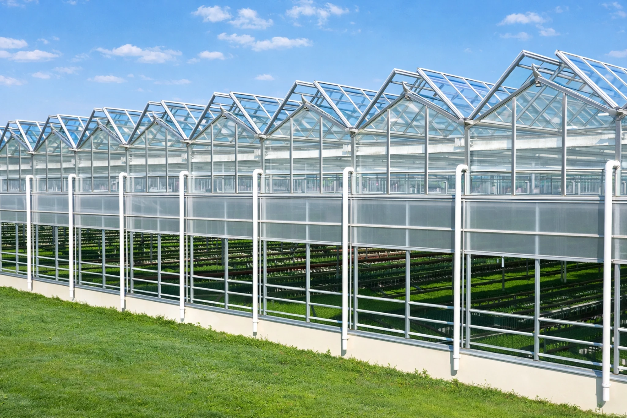 Exterior view of a commercial Venlo greenhouse with modular glass roof structure