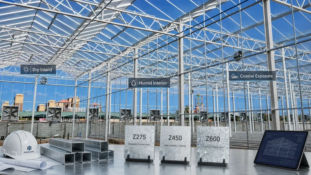 Z275 vs Z450 vs Z600 zinc coating selection for commercial greenhouse structures