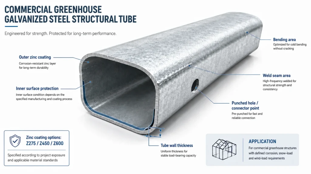 Galvanized greenhouse structure supplier quality check with steel tube, zinc coating, wall thickness and connection details