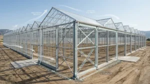 Commercial multi-span greenhouse design showing galvanized steel frame, span layout, bracing, and structural load path