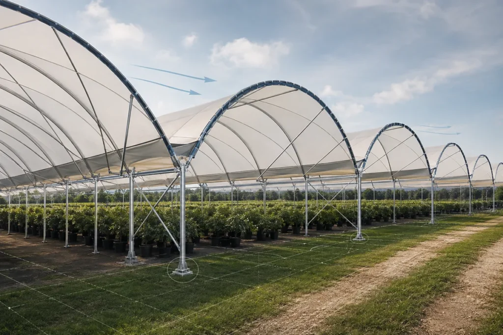 Galvanized steel rain shelter structure for commercial agriculture