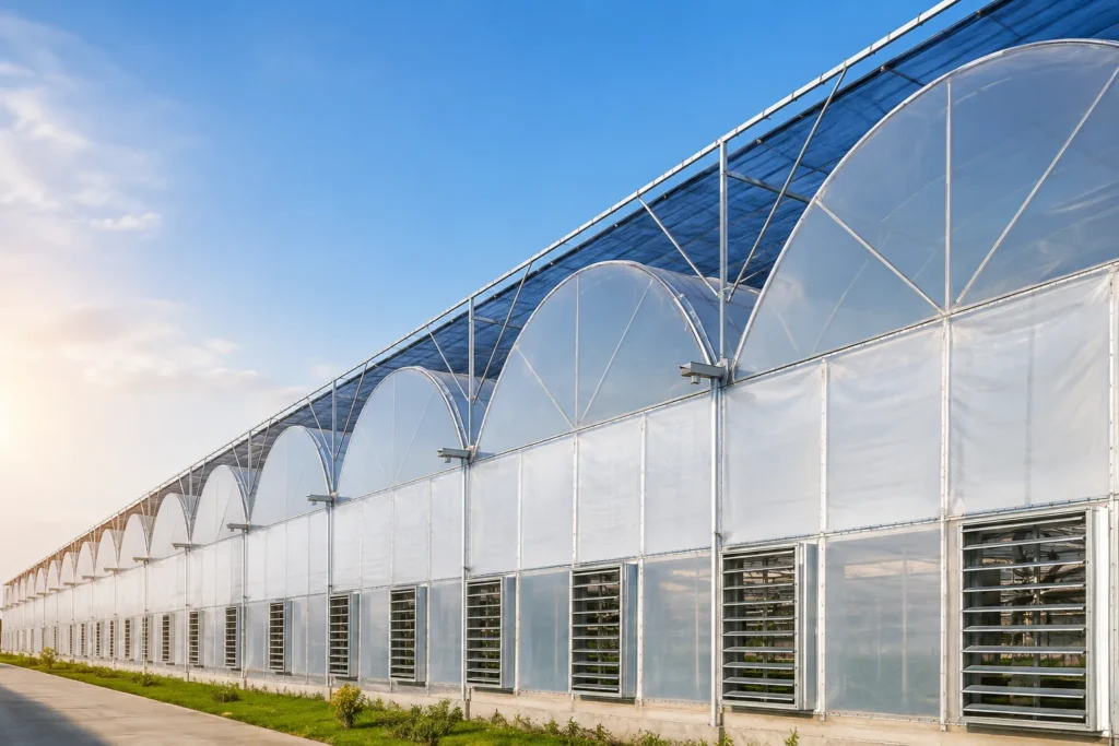 Commercial multi-span greenhouse structure with connected spans and galvanized steel frame
